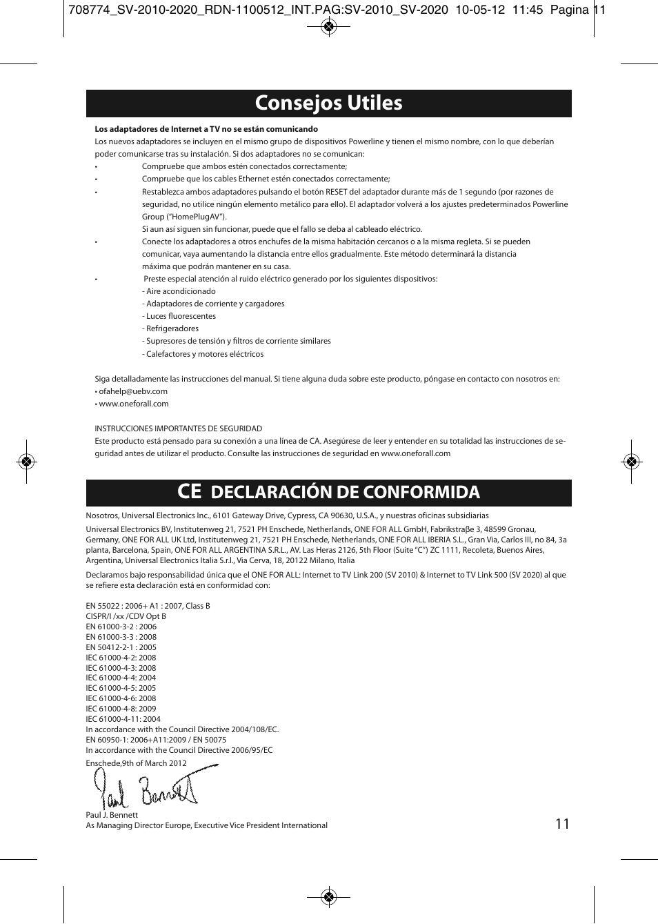 Consejos utiles, Declaración de conformida | One for All SV 2010 Internet to TV Link 200Mbps User Manual | Page 9 / 50