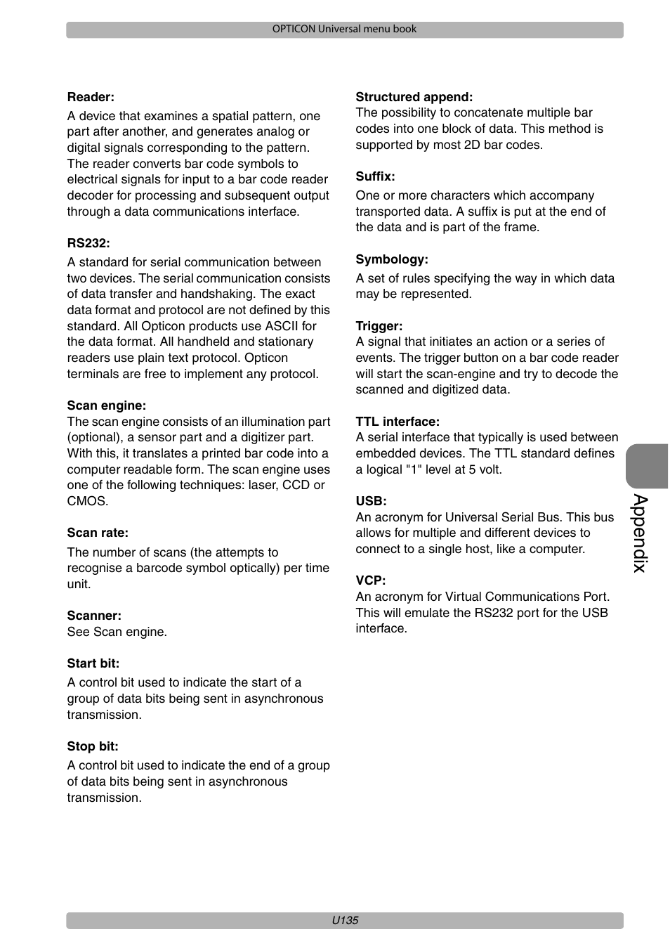 Appendix | Opticon XPT 3125 Universal menubook User Manual | Page 142 / 151