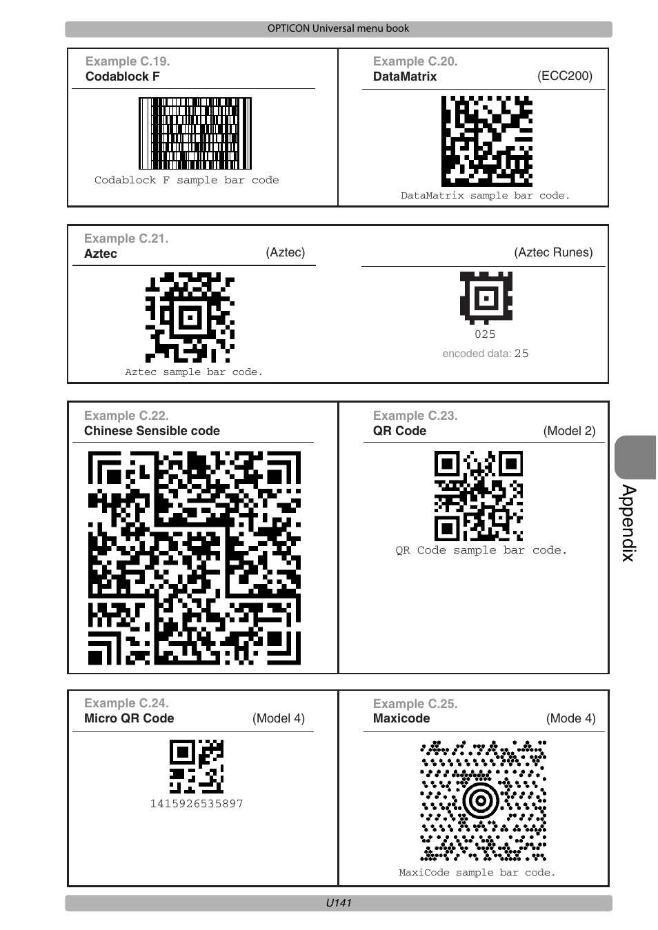Appendix | Opticon XPT 3125 Universal menubook User Manual | Page 148 / 151