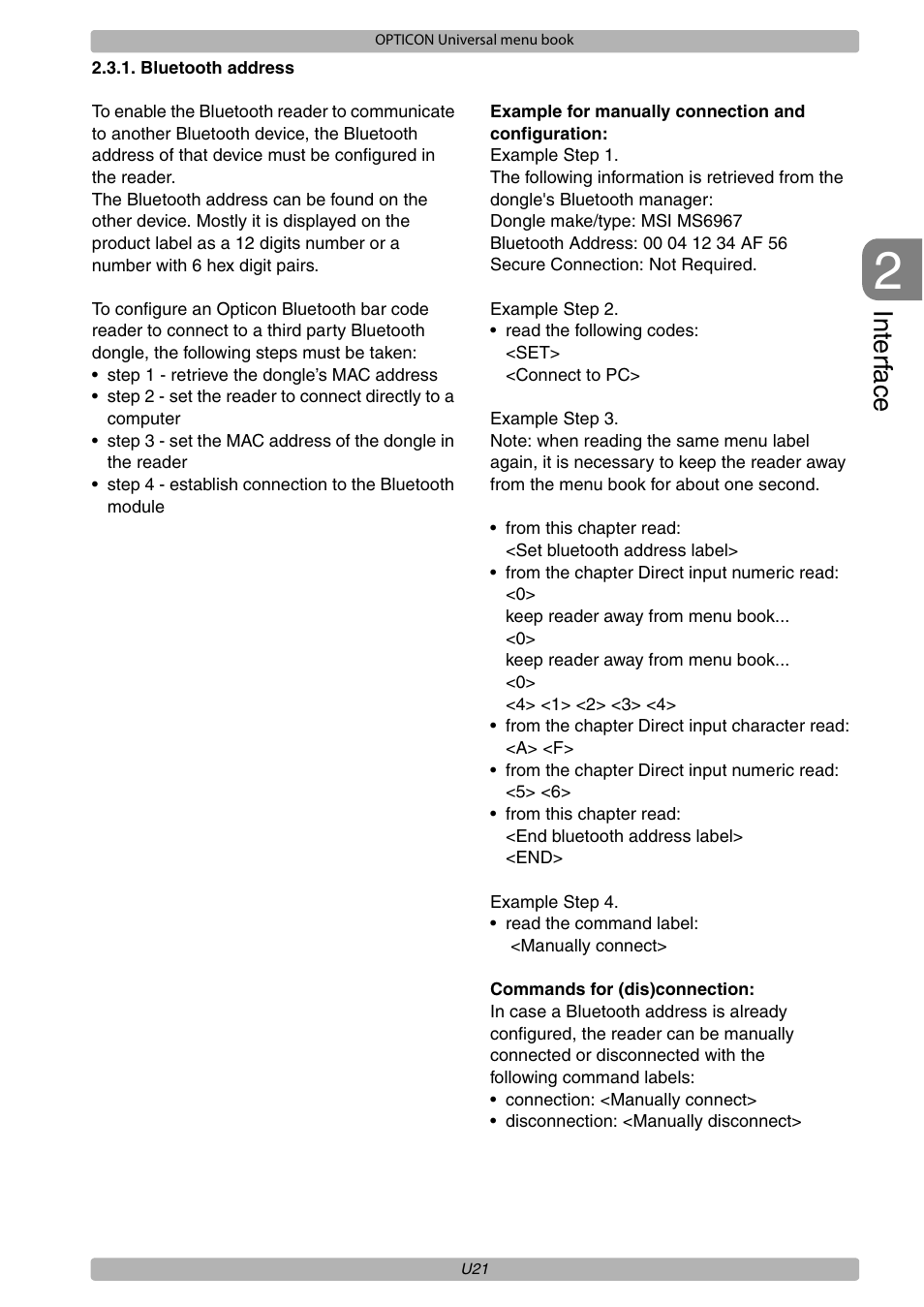 Interf ace | Opticon XPT 3125 Universal menubook User Manual | Page 28 / 151
