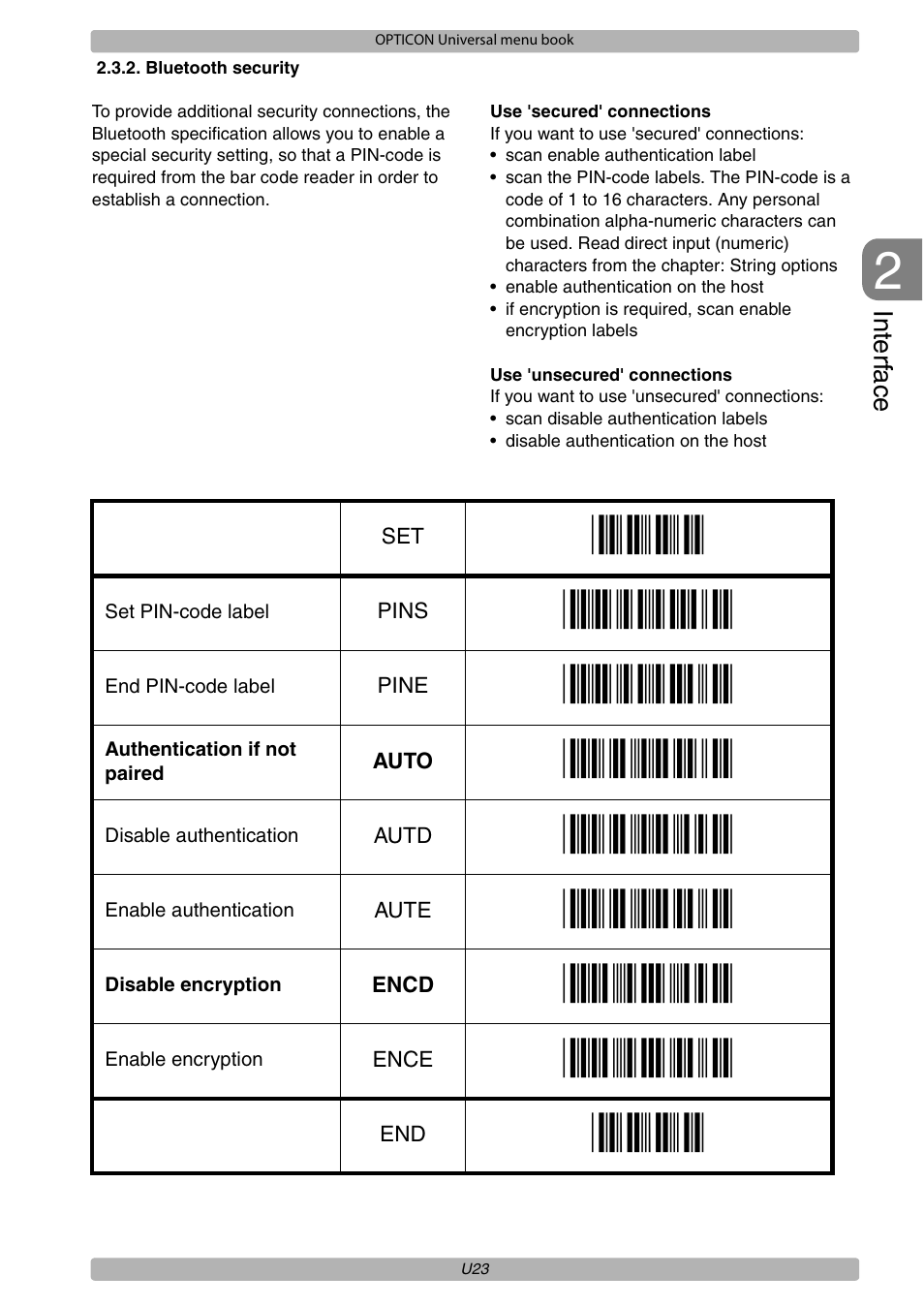 Pins, Pine, Auto | Autd, Aute, Encd, Ence | Opticon XPT 3125 Universal menubook User Manual | Page 30 / 151