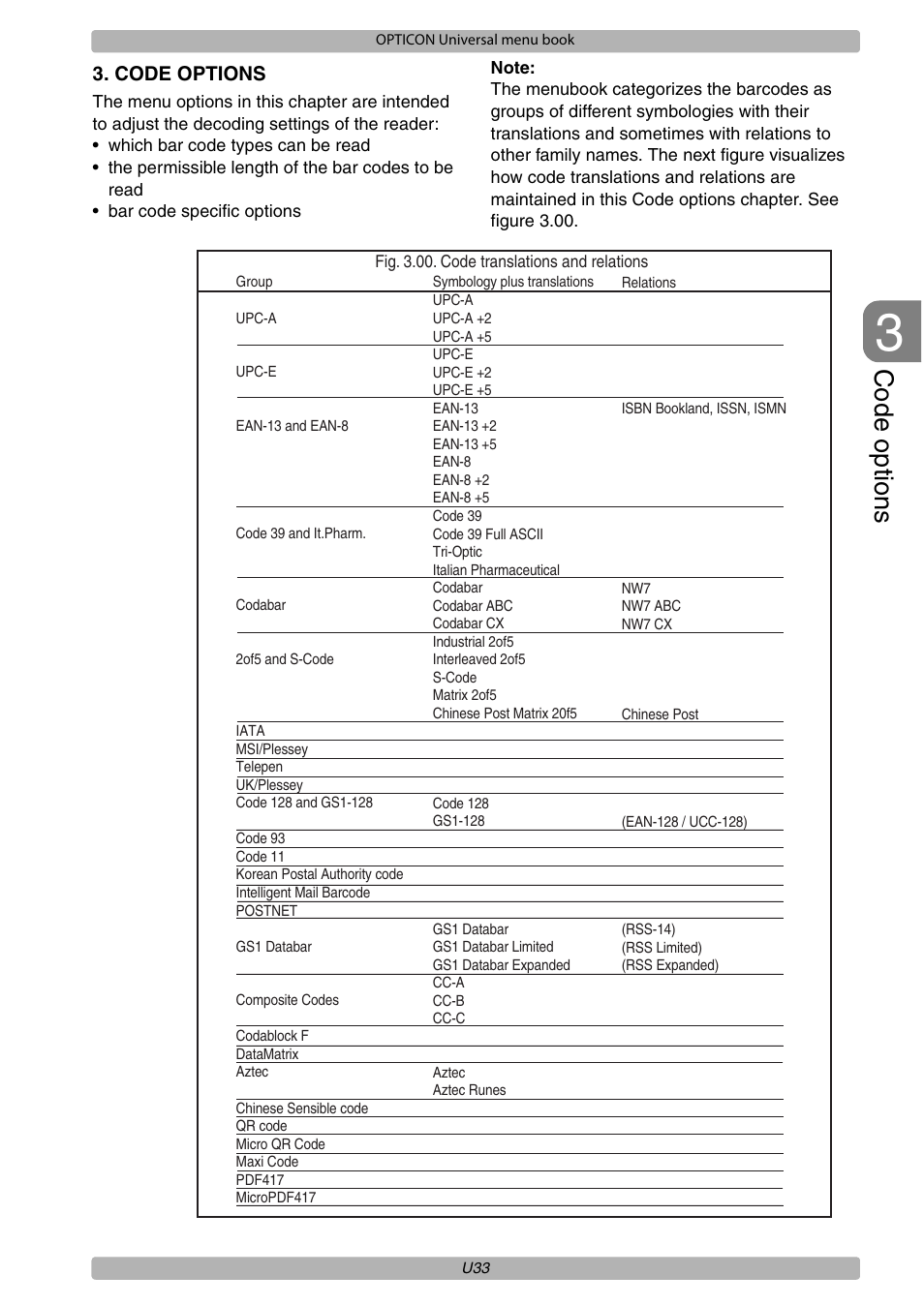 Code options | Opticon XPT 3125 Universal menubook User Manual | Page 40 / 151