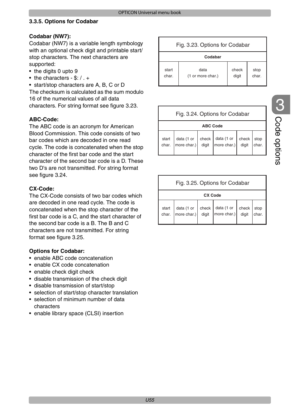 Code options | Opticon XPT 3125 Universal menubook User Manual | Page 62 / 151