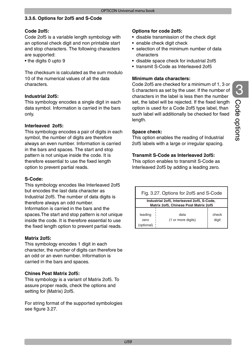 Code options | Opticon XPT 3125 Universal menubook User Manual | Page 66 / 151