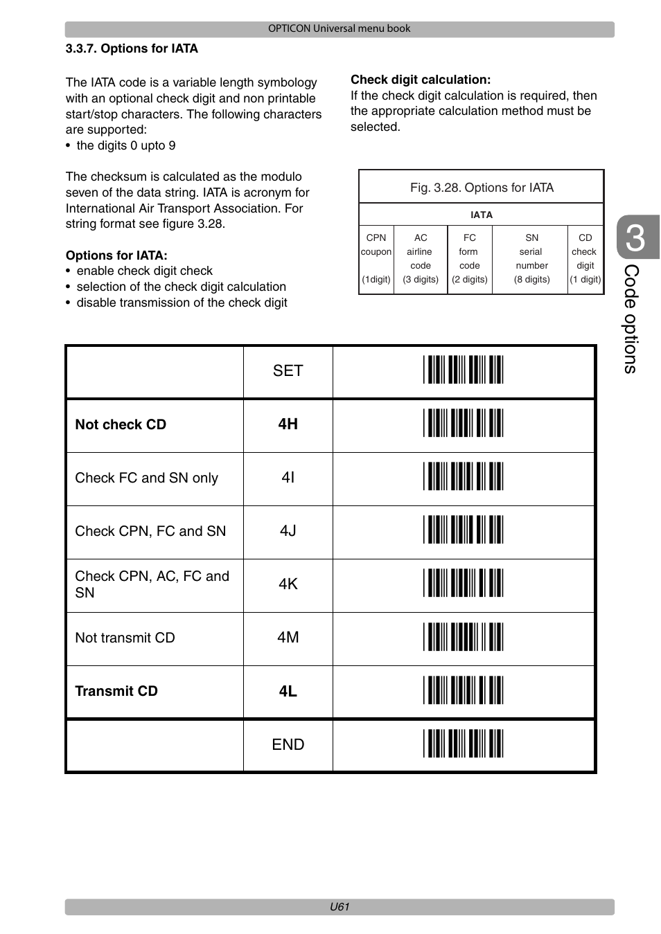 Code options | Opticon XPT 3125 Universal menubook User Manual | Page 68 / 151
