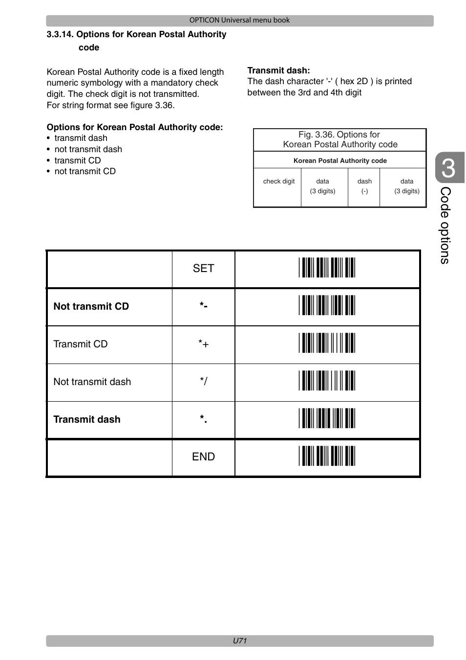 Code options | Opticon XPT 3125 Universal menubook User Manual | Page 78 / 151