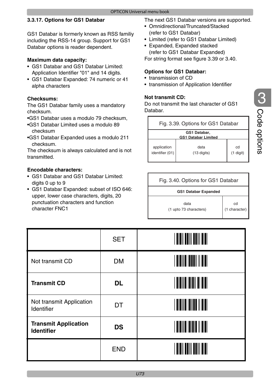 Code options | Opticon XPT 3125 Universal menubook User Manual | Page 80 / 151