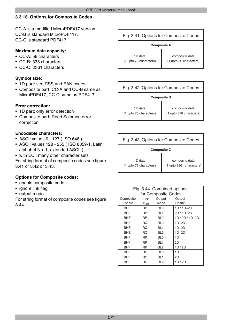 Fig. 3.42. options for composite codes, Fig. 3.43. options for composite codes, Fig. 3.44. combined options for composite codes | Opticon XPT 3125 Universal menubook User Manual | Page 81 / 151
