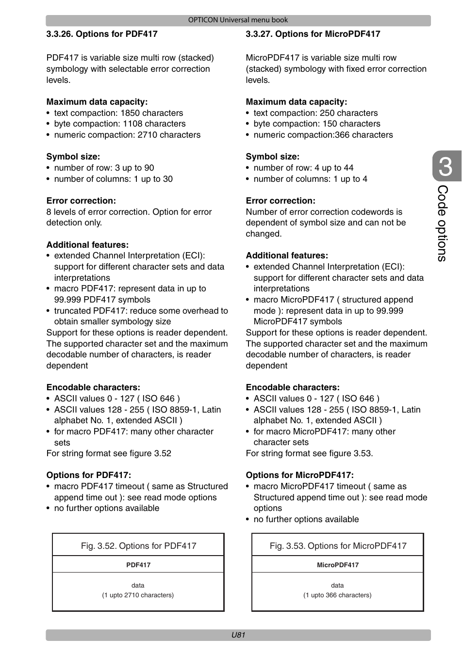 Code options | Opticon XPT 3125 Universal menubook User Manual | Page 88 / 151