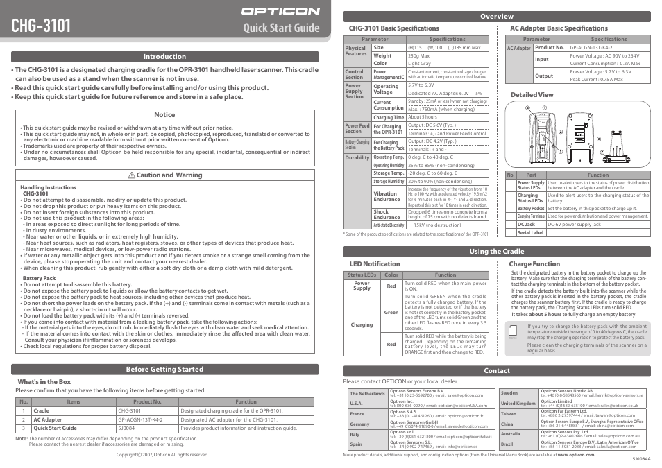 Chg-3101, Quick start guide | Opticon CHG 3101 User Manual | Page 2 / 2