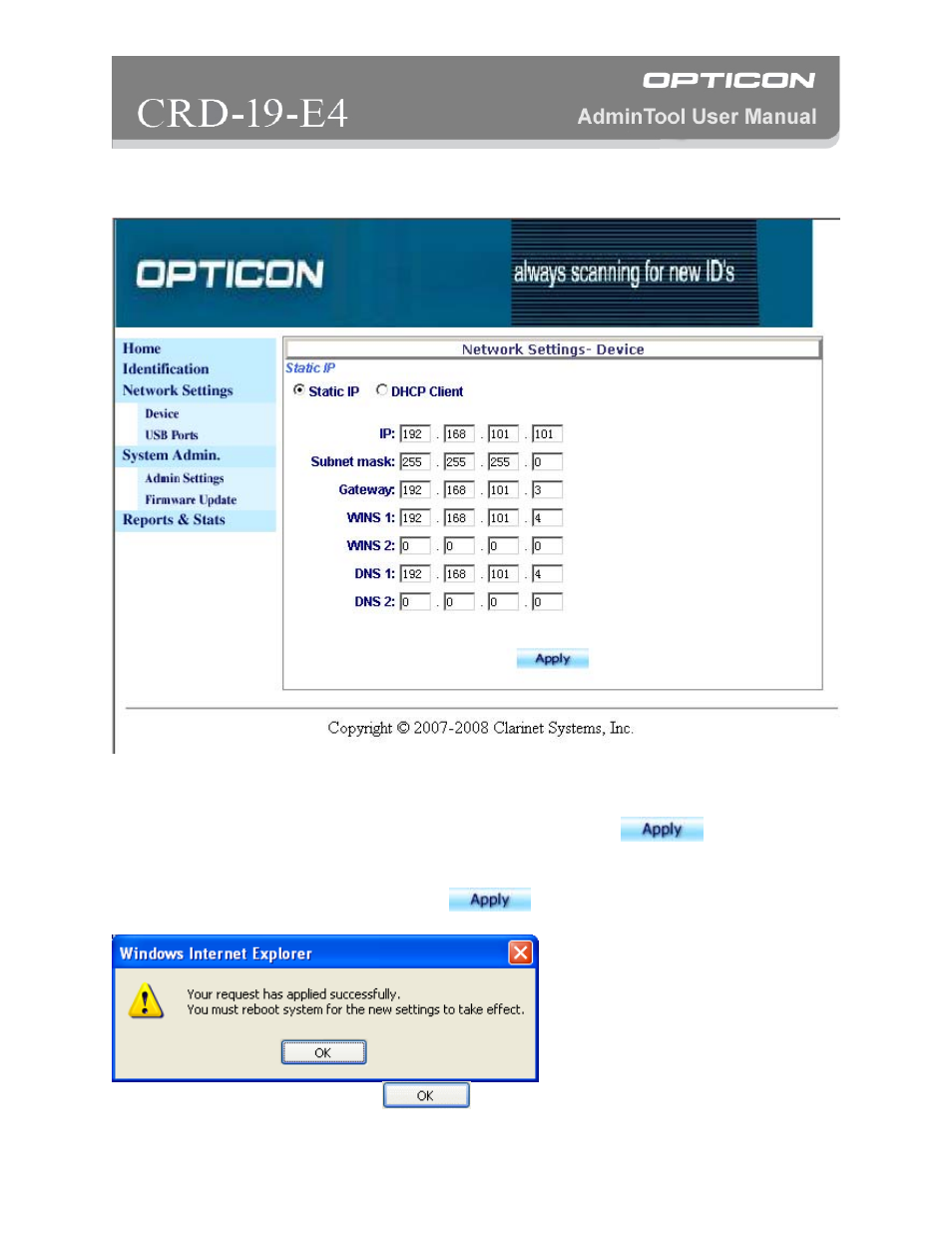 Network settings - device | Opticon CRD 19 E4 AdminTool User Manual | Page 7 / 11