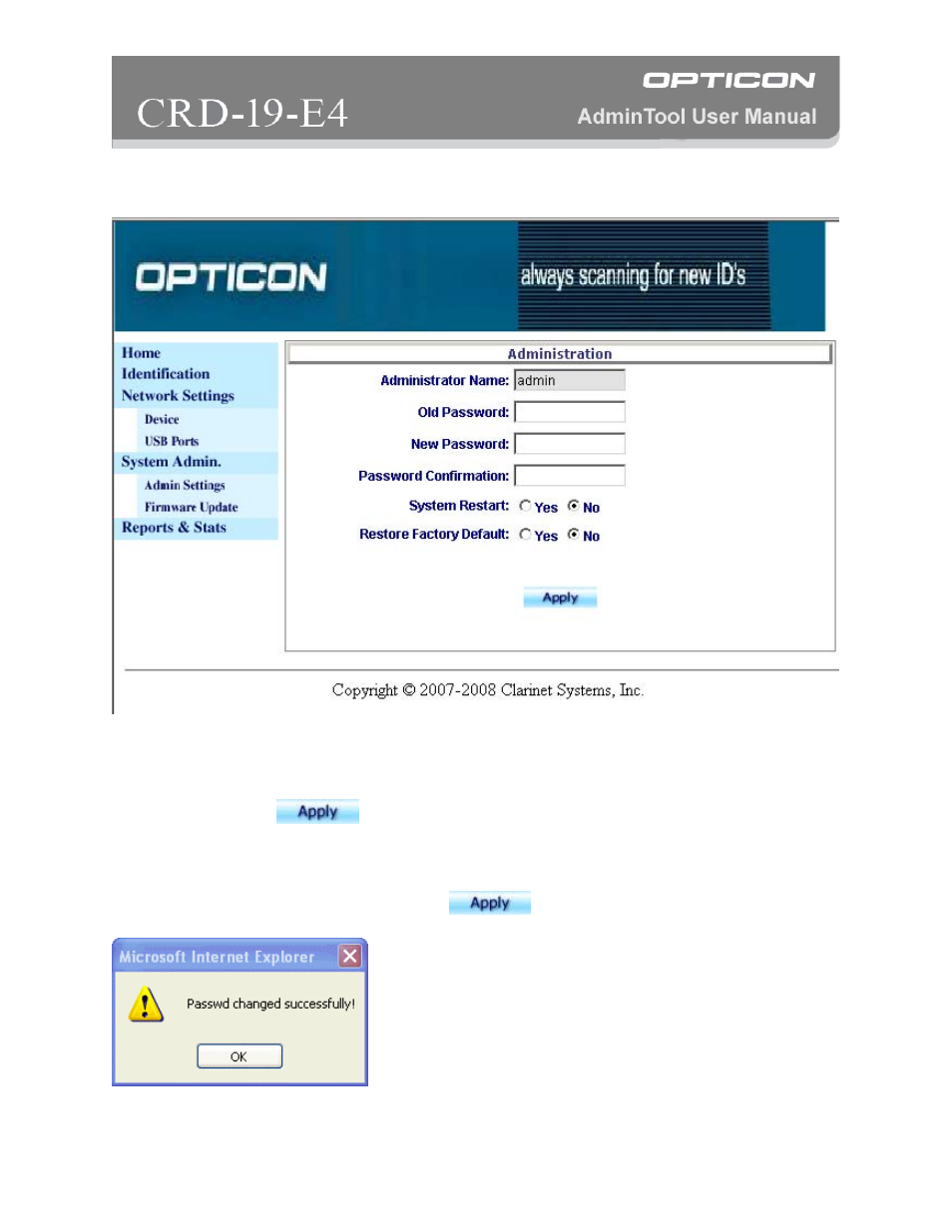 System admin. – admin settings | Opticon CRD 19 E4 AdminTool User Manual | Page 9 / 11