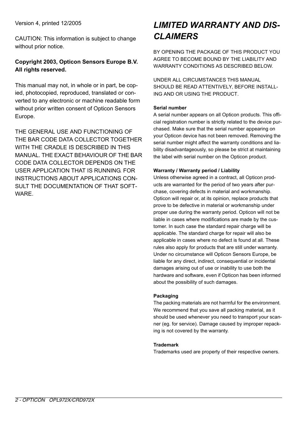Limited warranty and dis- claimers | Opticon CRD 972X User Manual | Page 2 / 23
