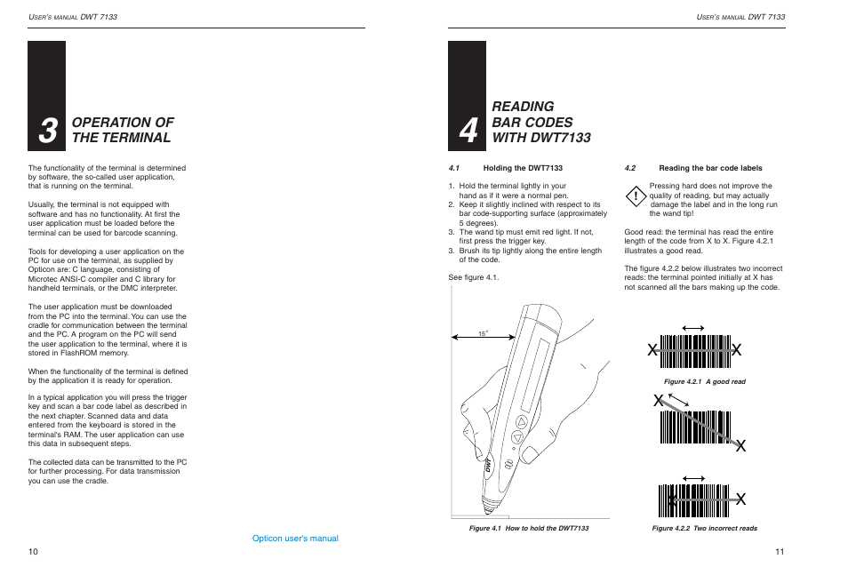 Reading bar codes with dwt7133, Operation of the terminal | Opticon DWT 7133 User Manual | Page 6 / 9