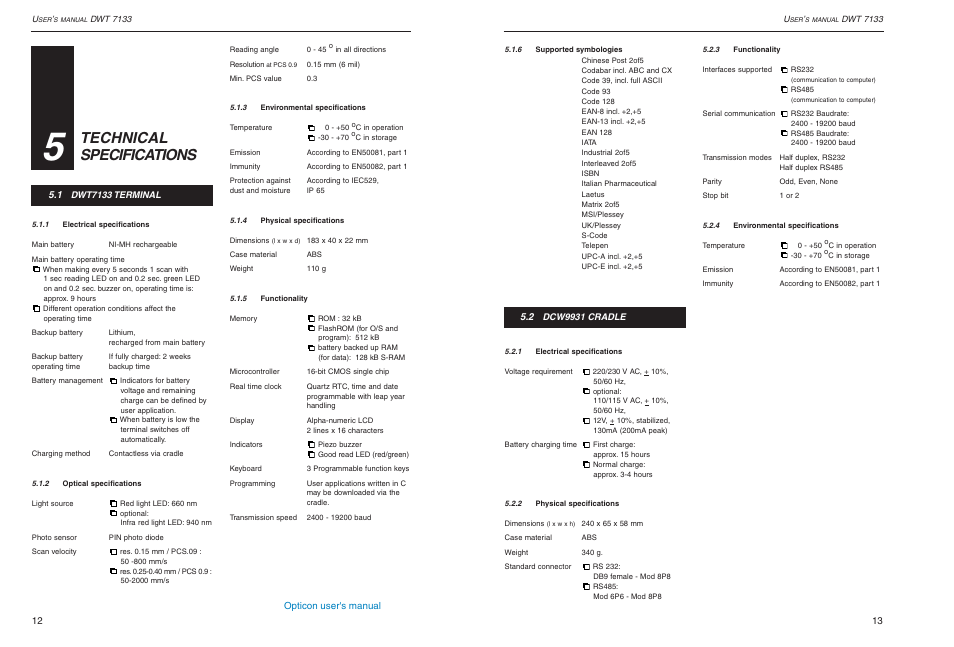 Technical specifications | Opticon DWT 7133 User Manual | Page 7 / 9