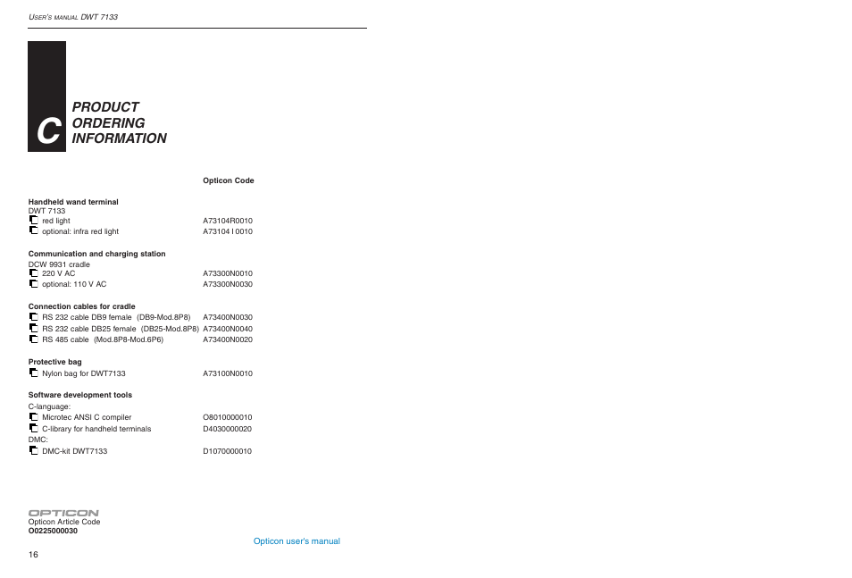 Product ordering information | Opticon DWT 7133 User Manual | Page 9 / 9