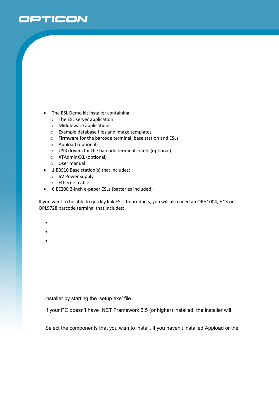 Getting started, Setting up the hardware and software, Installing the esl demo kit | Opticon ESL User Manual | Page 11 / 40