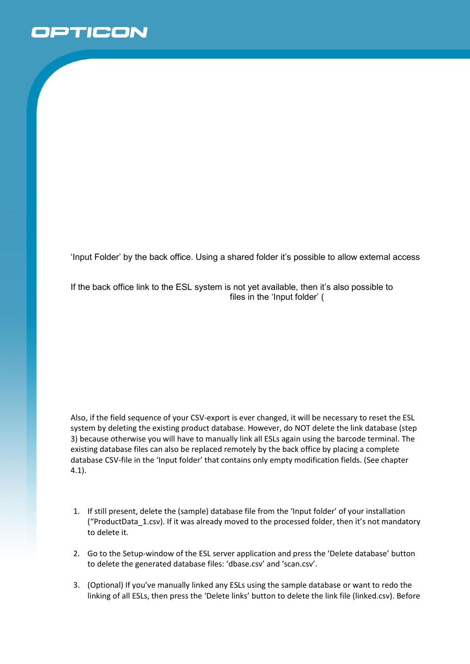 Installing the bar code terminal, Linking a back office system to the esl server, Resetting the esl system | Opticon ESL User Manual | Page 13 / 40