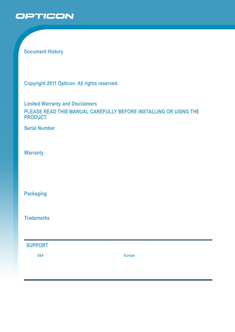 Document history, Copyright 2011 opticon. all rights reserved, Warranty | Packaging, Trademarks, Support | Opticon ESL User Manual | Page 2 / 40