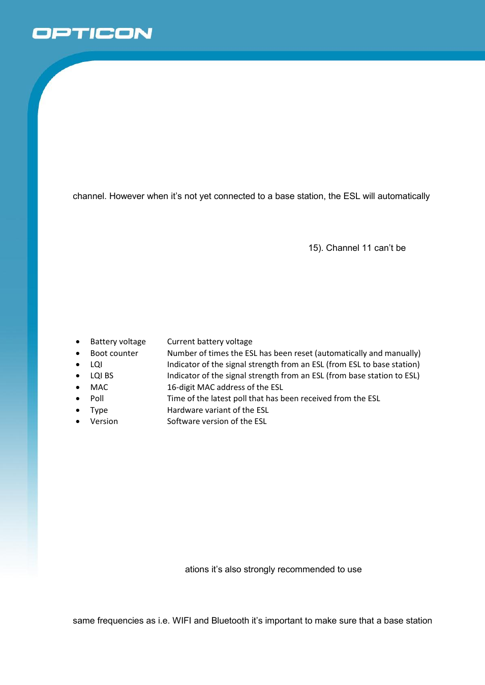 Poll timeout, Scan channels, Esl status information | Configuring of base stations, Configuring the rf channel | Opticon ESL User Manual | Page 21 / 40