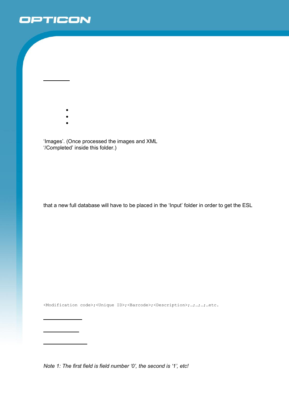 B) input folder, C) output, D) delete links | E) delete database, F) processed folder, G) csv parser | Opticon ESL User Manual | Page 26 / 40