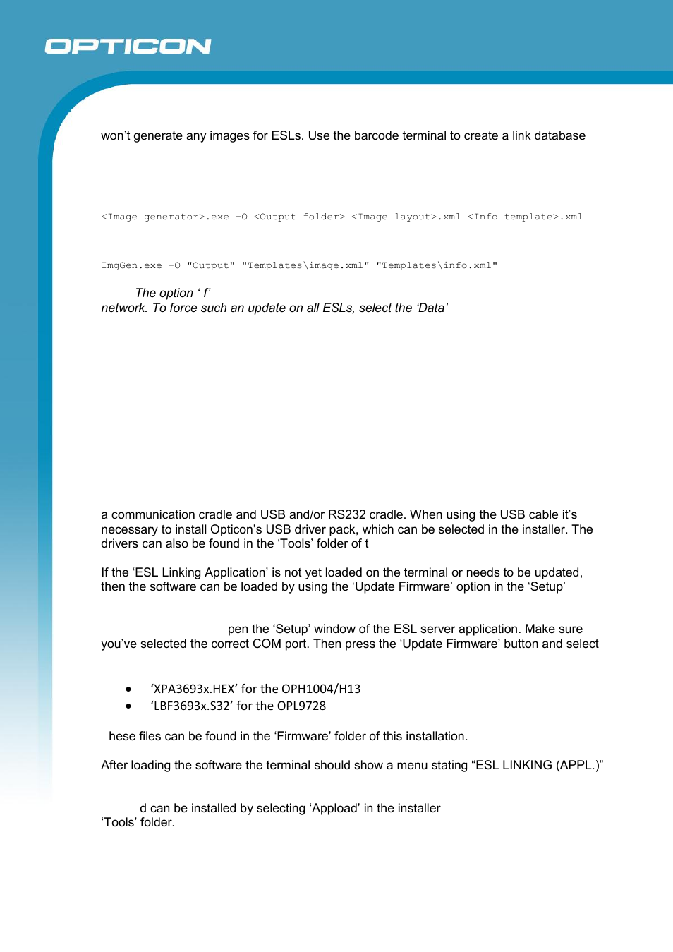 Barcode terminal application, Setting up the barcode terminal | Opticon ESL User Manual | Page 29 / 40