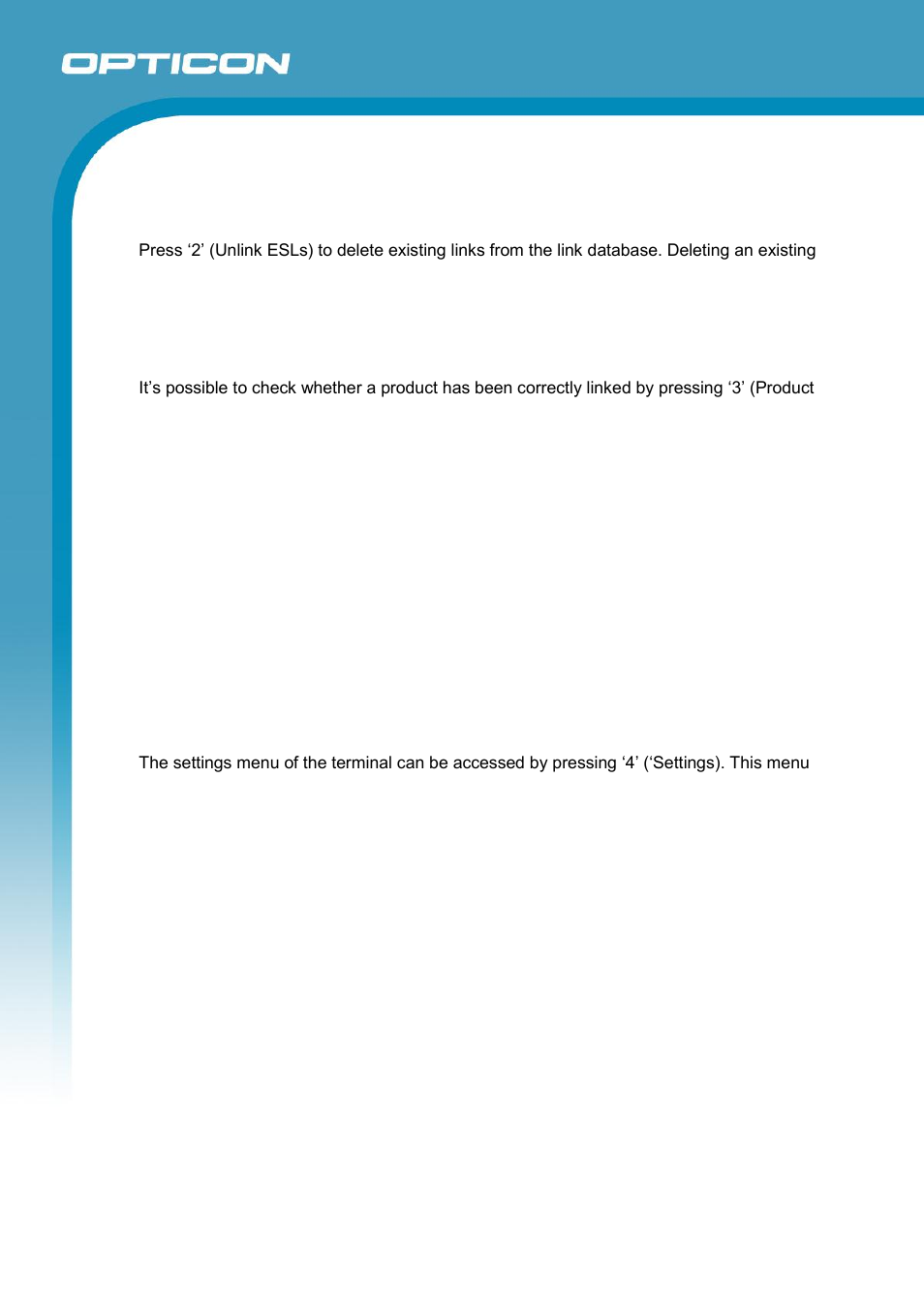 Deleting existing links, Verifying existing links, Sending the modified link-database to the pc | Settings menu, Version | Opticon ESL User Manual | Page 31 / 40