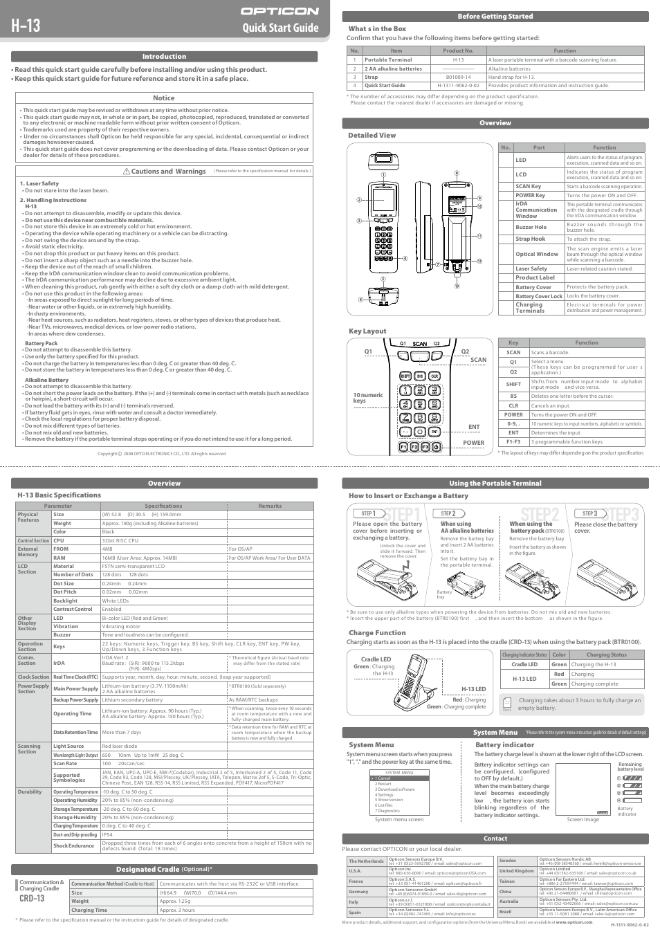 Step 3 step 2 step 1, H-13, Quick start guide | Crd-13 | Opticon H13 User Manual | Page 2 / 4