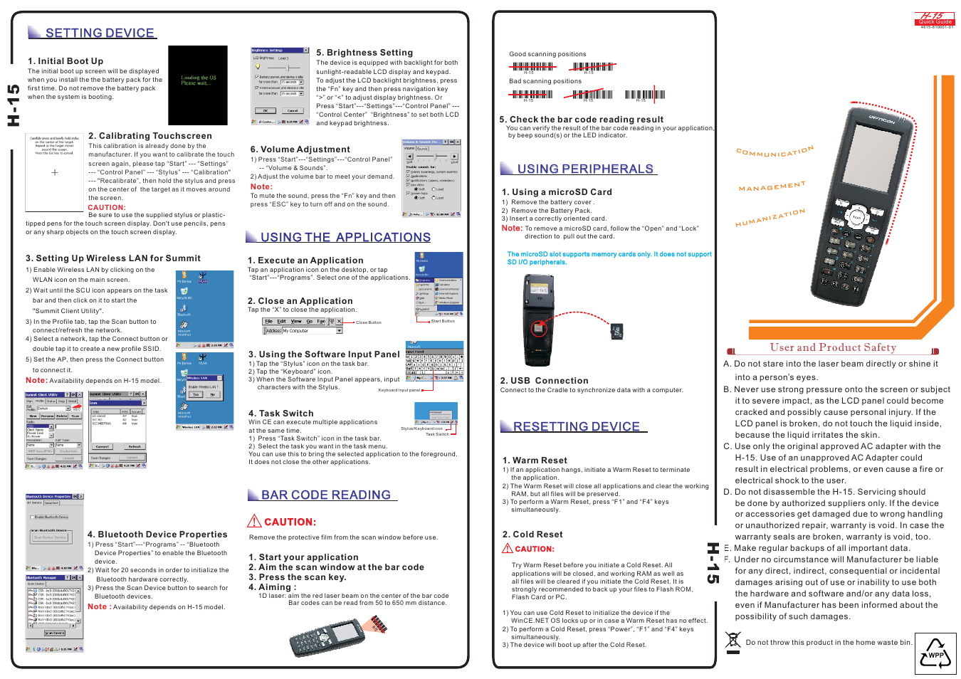 Resetting device, Resetting device setting device setting device, Using the applications | Bar code reading, Using peripherals, H-15, User and product safety | Opticon H15 Quick Guide User Manual | Page 2 / 2