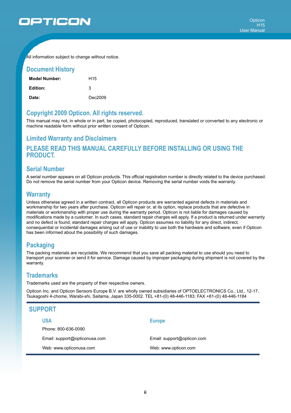 Document history, Copyright 200 9 opticon. all rights reserved, Warranty | Packaging, Trademarks, Support | Opticon H15 User Manual User Manual | Page 2 / 101