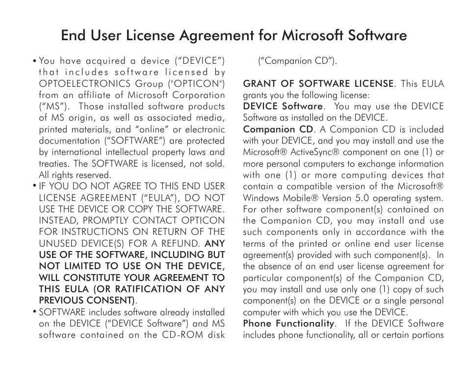 Opticon H16 End User License Agreement for Microsoft Software User Manual | 8 pages