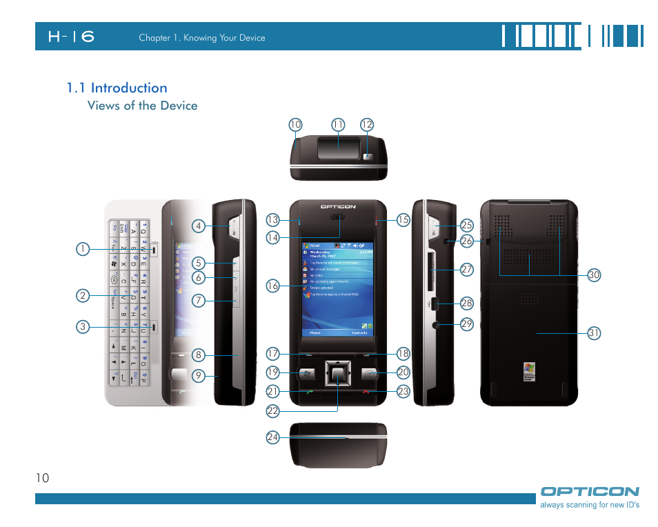 1 introduction, Views of the device | Opticon H16 User Manual User Manual | Page 10 / 160