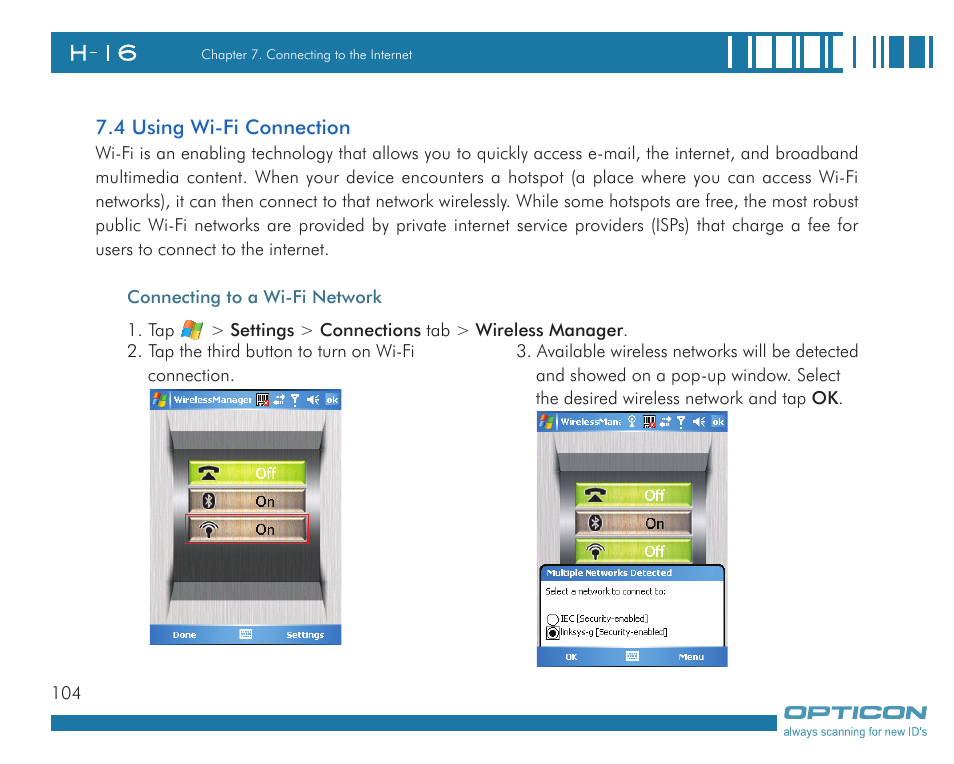 4 using wi-fi connection | Opticon H16 User Manual User Manual | Page 104 / 160