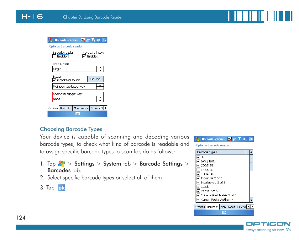 Opticon H16 User Manual User Manual | Page 124 / 160