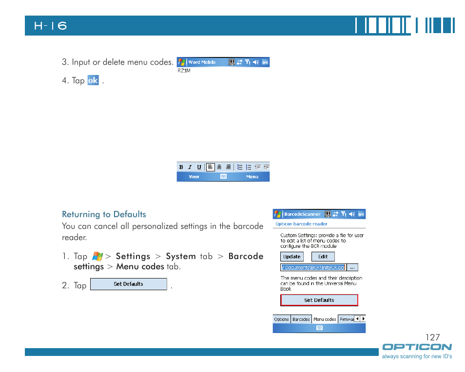 Opticon H16 User Manual User Manual | Page 127 / 160