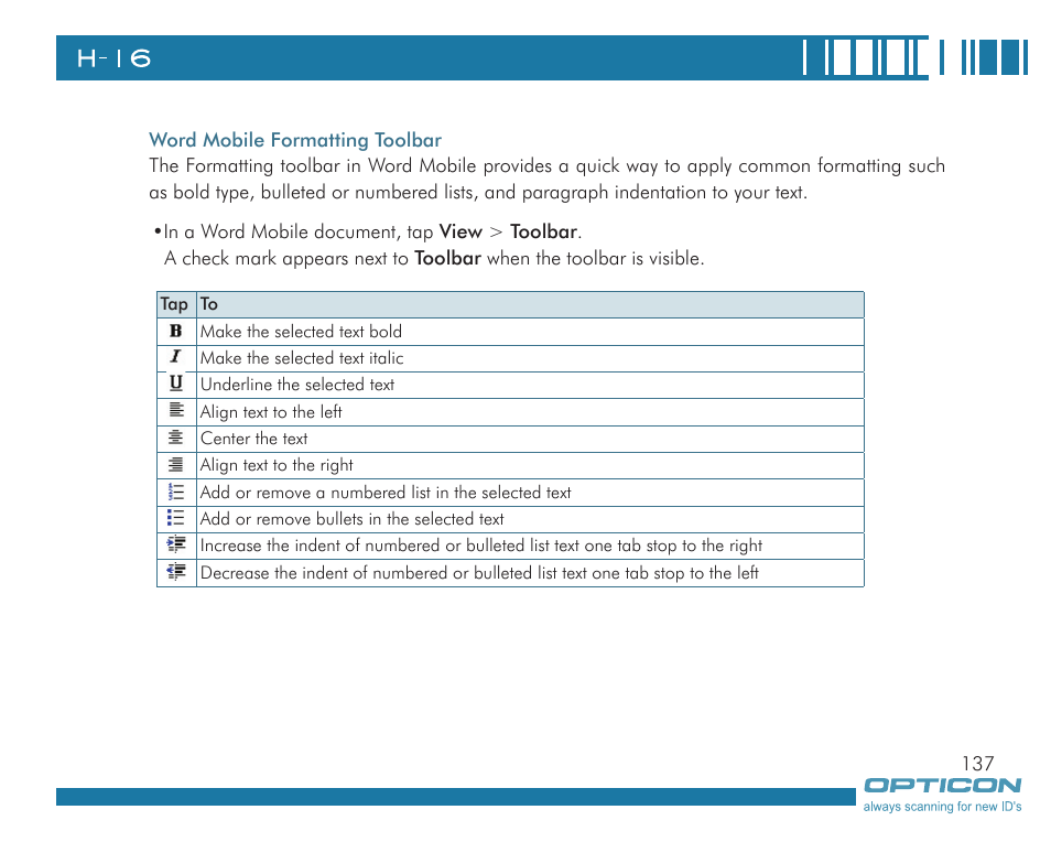Opticon H16 User Manual User Manual | Page 137 / 160