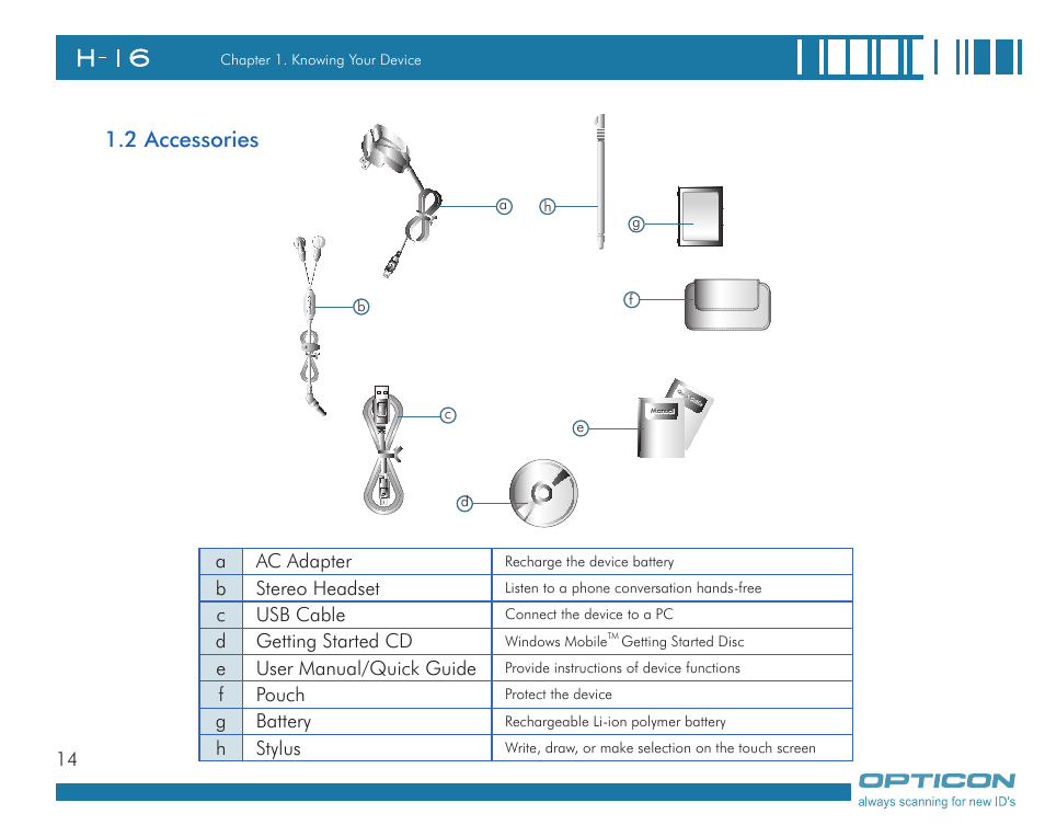 2 accessories | Opticon H16 User Manual User Manual | Page 14 / 160