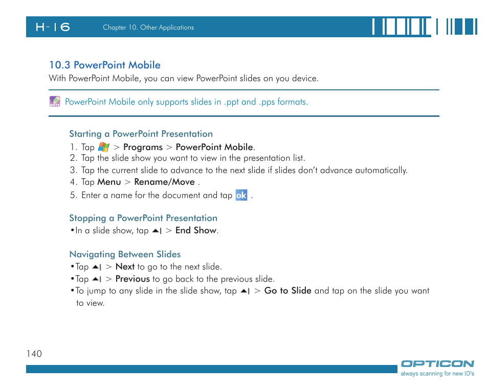 Opticon H16 User Manual User Manual | Page 140 / 160