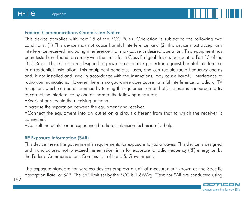 Opticon H16 User Manual User Manual | Page 152 / 160