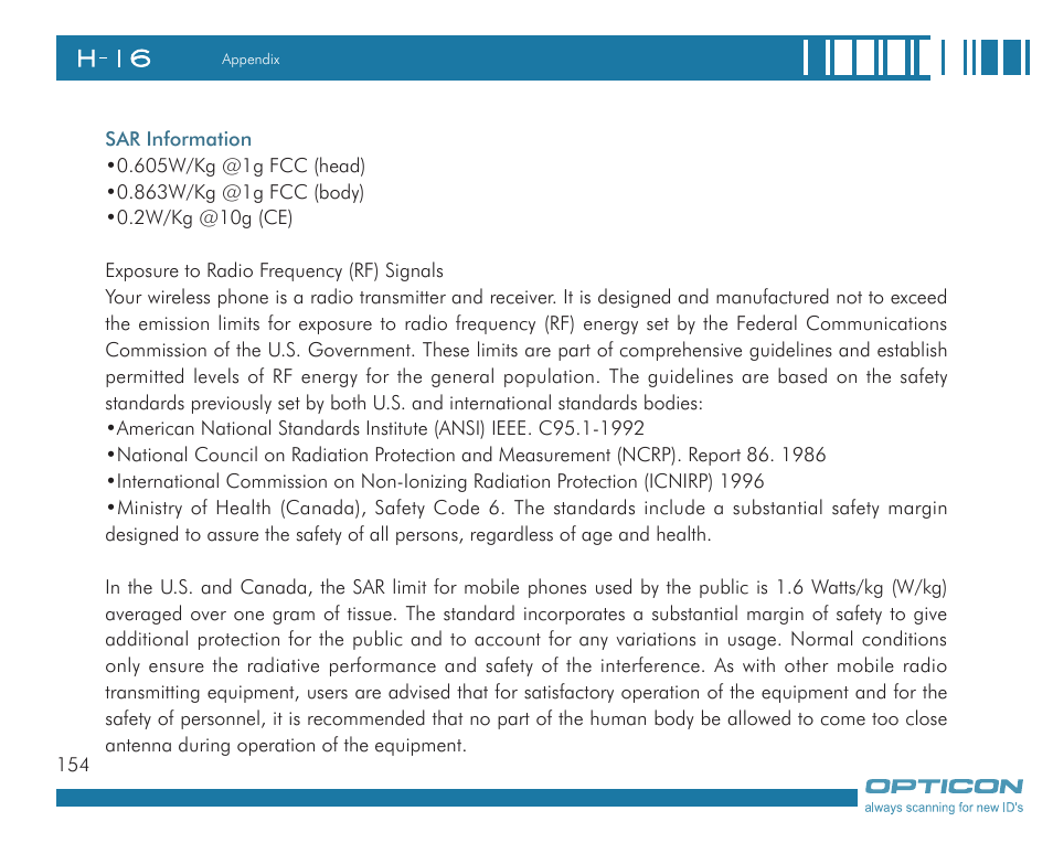 Opticon H16 User Manual User Manual | Page 154 / 160