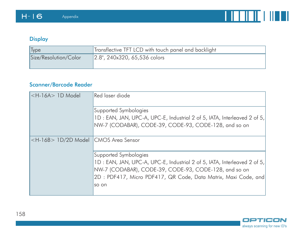 Opticon H16 User Manual User Manual | Page 158 / 160