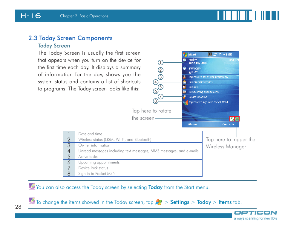 3 today screen components | Opticon H16 User Manual User Manual | Page 28 / 160