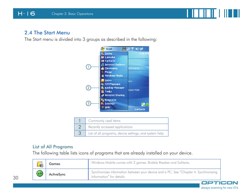 4 the start menu | Opticon H16 User Manual User Manual | Page 30 / 160