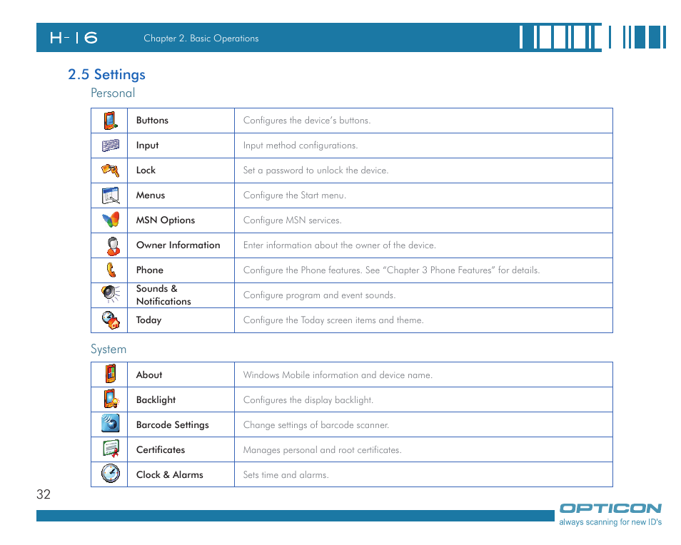5 settings | Opticon H16 User Manual User Manual | Page 32 / 160