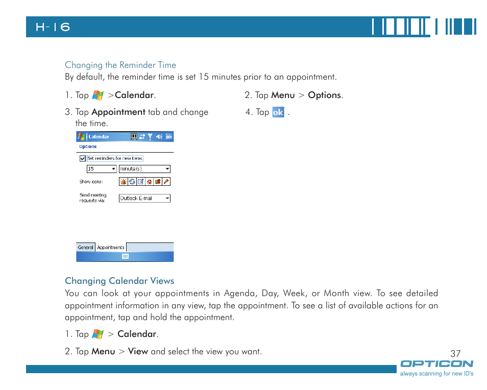 Opticon H16 User Manual User Manual | Page 37 / 160
