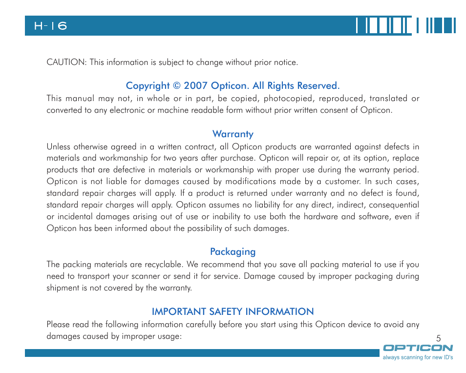 Opticon H16 User Manual User Manual | Page 5 / 160