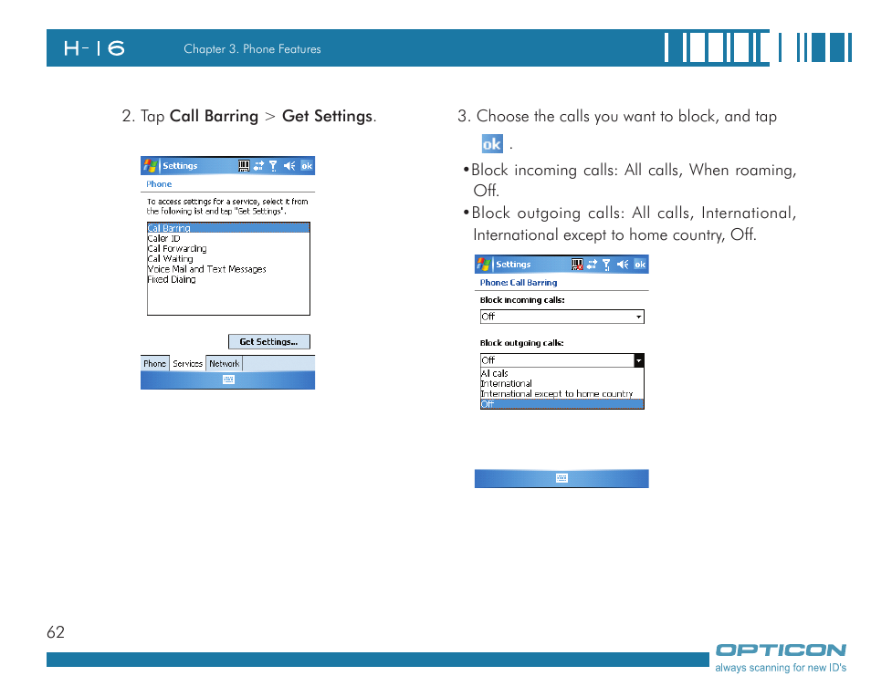 Opticon H16 User Manual User Manual | Page 62 / 160