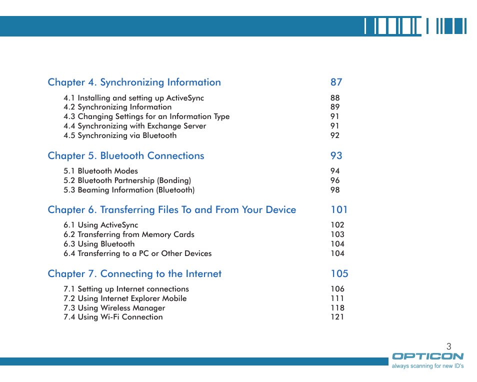 Chapter 4. synchronizing information 87, Chapter 5. bluetooth connections 93, Chapter 7. connecting to the internet 105 | Opticon H19А User Manual | Page 3 / 192
