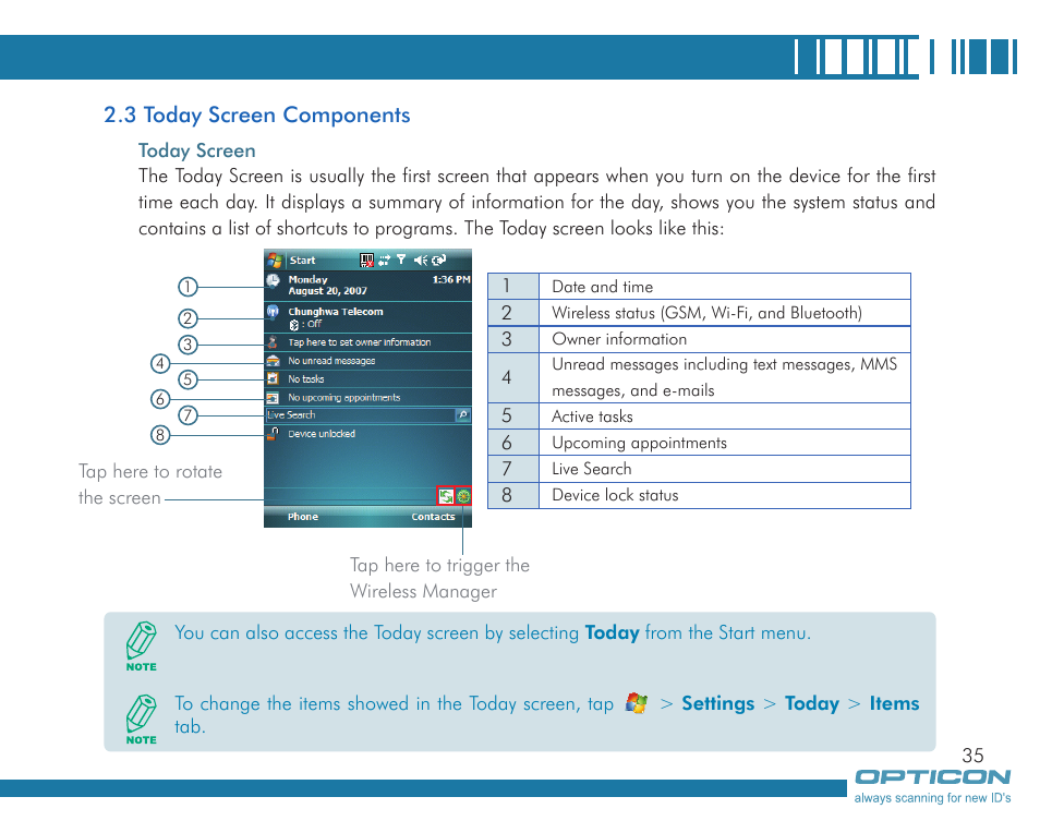 3 today screen components | Opticon H19А User Manual | Page 35 / 192