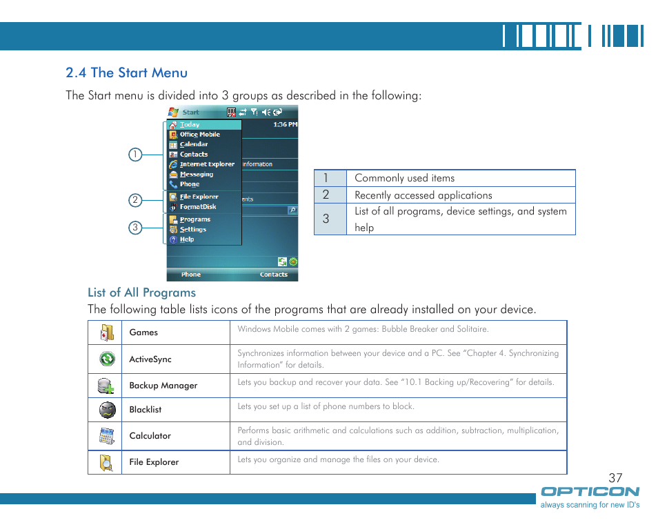 4 the start menu | Opticon H19А User Manual | Page 37 / 192